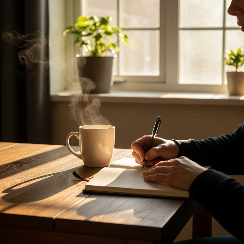 A peaceful morning scene with a person writing in a journal at a wooden desk near a window, with soft sunlight streaming in and a cup of tea beside them, representing daily practice and consistency 일일지은의 뜻과 교훈, 하루가 쌓여 만드는 인생의 의미