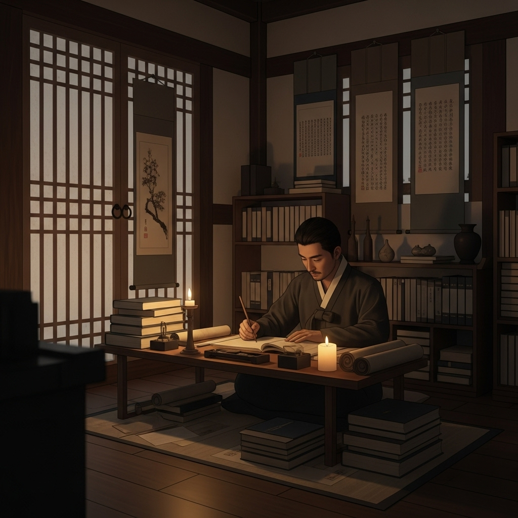 Traditional Korean scholar sitting at a low wooden table with books and scrolls, studying by candlelight in a traditional hanok room, representing consistent daily learning 일일지은의 뜻과 교훈, 하루가 쌓여 만드는 인생의 의미