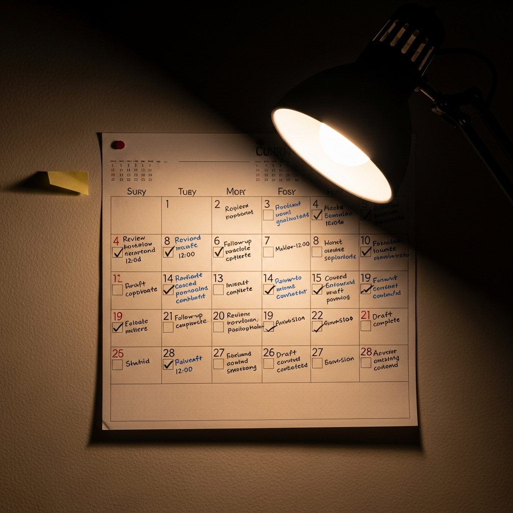 A calendar on a wall with small check marks and notes written on each day, symbolizing daily progress and consistency, with warm indoor lighting 일일지은의 뜻과 교훈, 하루가 쌓여 만드는 인생의 의미