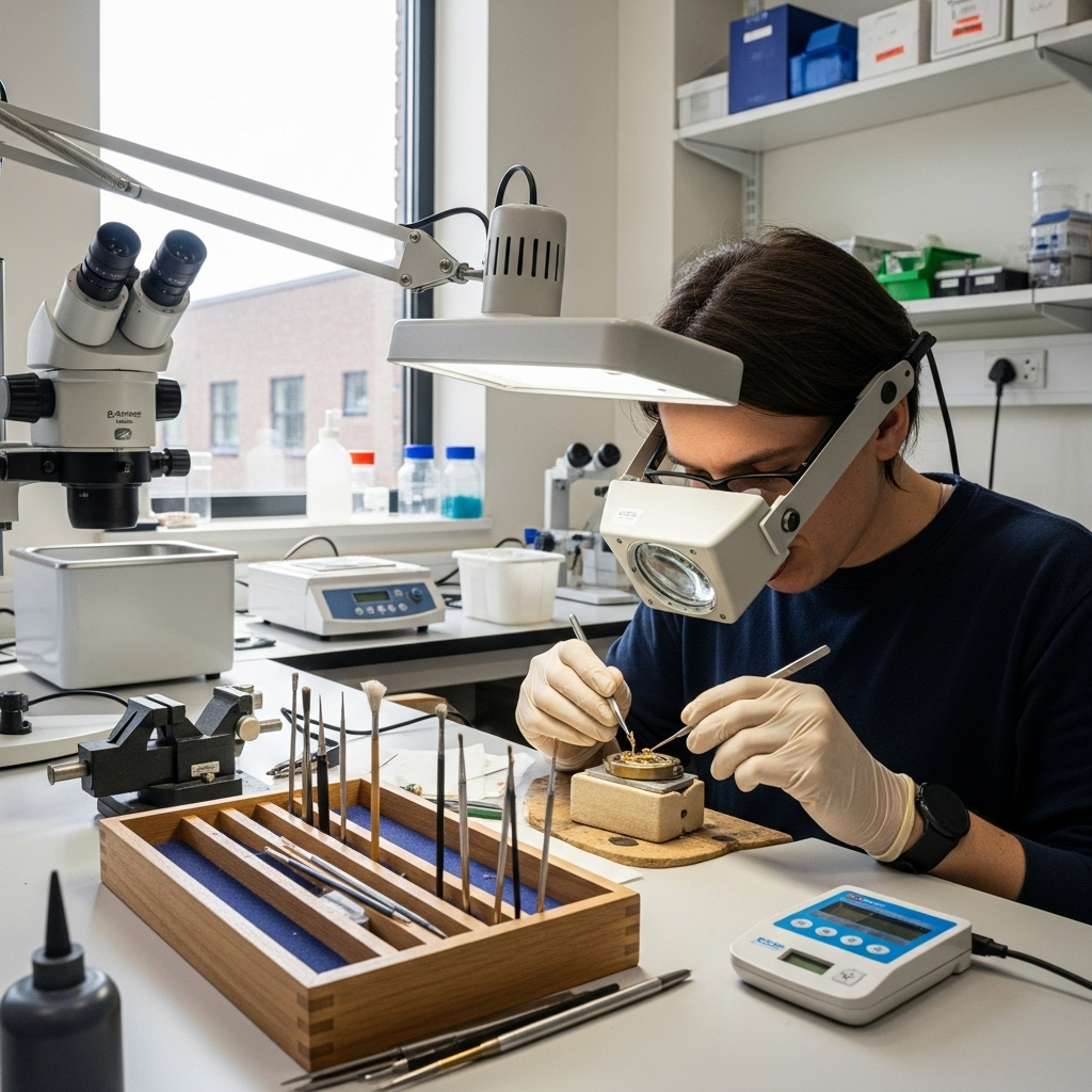 A person meticulously examining a small, intricate object with a magnifying glass, in a brightly lit, clean laboratory-like setting. The focus is on precision and detail, with a warm, professional atmosphere. No text in the image. 명찰추호: 작은 것까지 꿰뚫어 보는 통찰력 5가지 비결