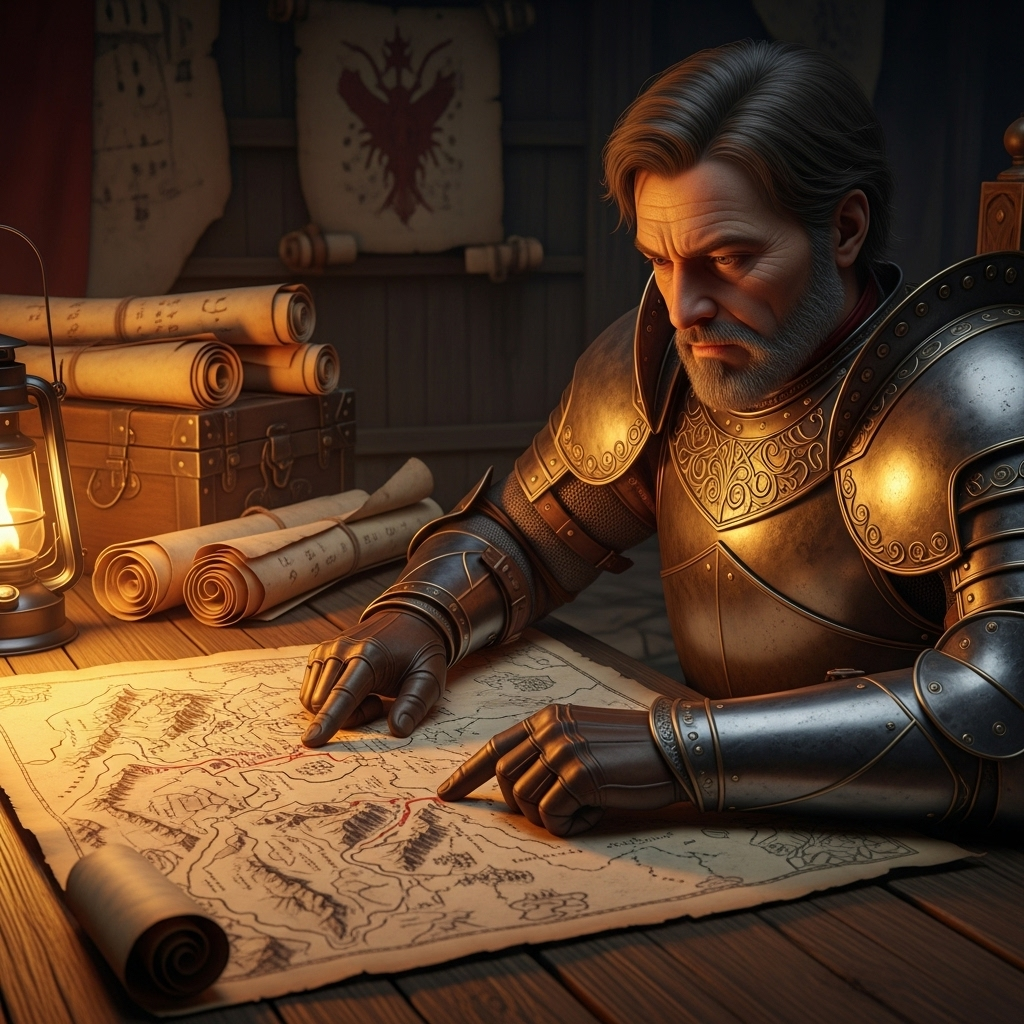 An ancient Chinese general in full armor, standing on a strategic map, pointing to a small detail with a focused, discerning expression. The setting is a war tent, with ancient scrolls and lanterns. No text. 명찰추호: 작은 것까지 꿰뚫어 보는 통찰력 5가지 비결