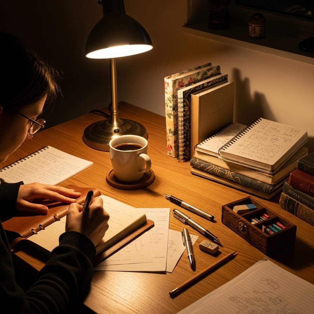 A person writing in a journal with a pen, surrounded by various notebooks, pens, and a cup of coffee on a neatly organized wooden desk. The atmosphere is calm and focused on reflection and detail. No text. 명찰추호: 작은 것까지 꿰뚫어 보는 통찰력 5가지 비결