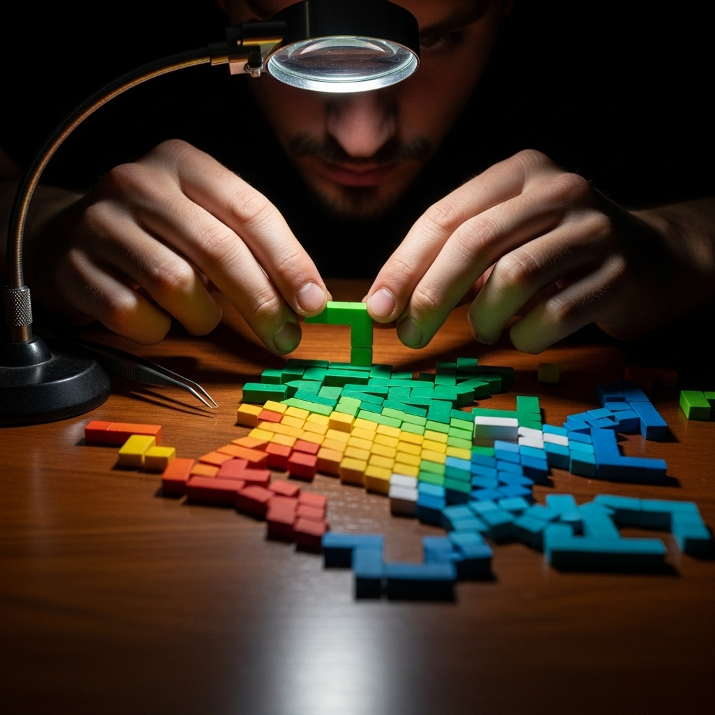 A person arranging small, colorful building blocks or puzzle pieces into a complex, beautiful pattern. The focus is on the intricate details coming together to form a larger, impressive whole, symbolizing precision and creation. No text. 명찰추호: 작은 것까지 꿰뚫어 보는 통찰력 5가지 비결