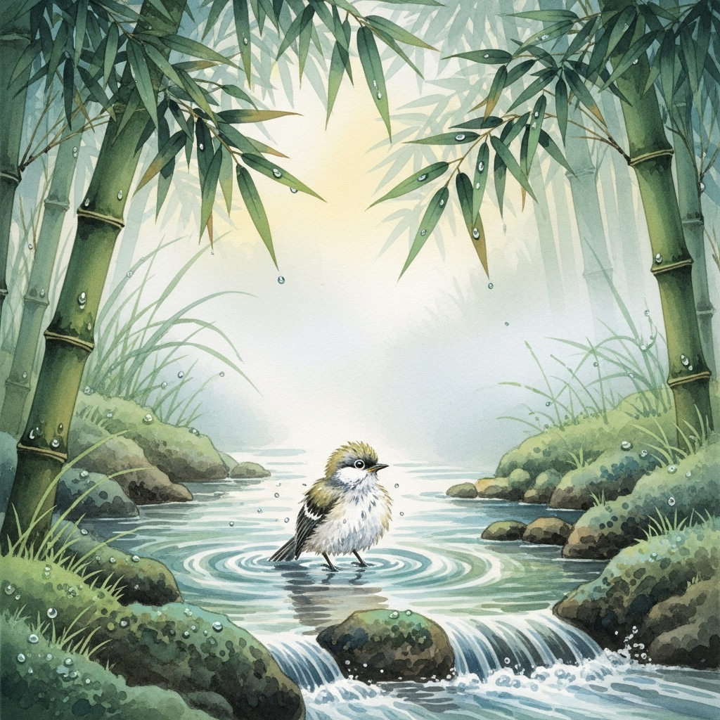 A traditional East Asian watercolor painting showing a small delicate bird gently washing itself in a clear mountain stream, surrounded by misty bamboo groves and morning dew, serene and peaceful atmosphere, soft pastel colors 촉조수계 뜻과 유래: 겸손을 배우는 고전의 지혜 7가지 교훈