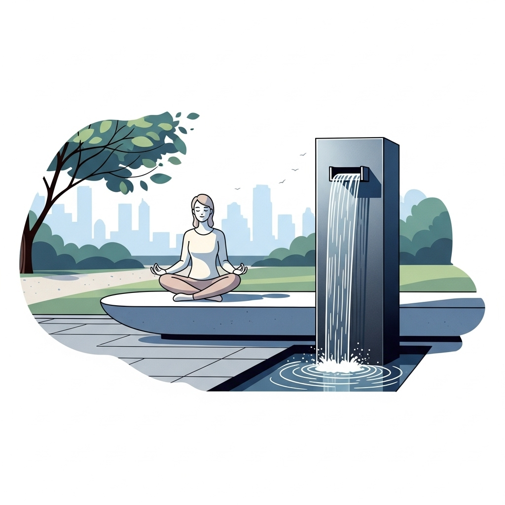 A modern minimalist illustration of a person sitting in meditation pose beside a clean water fountain in an urban park, representing self-reflection and purification in contemporary life 촉조수계 뜻과 유래: 겸손을 배우는 고전의 지혜 7가지 교훈