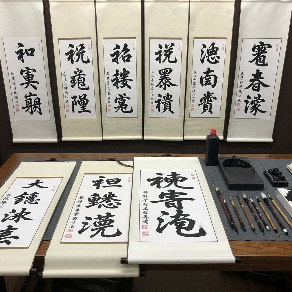 A collection of traditional East Asian scrolls displaying various related idioms in beautiful calligraphy, arranged on a wooden desk with ink stone and brushes 촉조수계 뜻과 유래: 겸손을 배우는 고전의 지혜 7가지 교훈