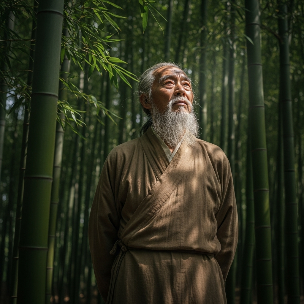 An ancient Chinese philosopher, possibly Confucius or Mencius, standing in a serene bamboo forest, engaged in deep thought. His expression is wise and contemplative, conveying profound wisdom. No text on the image. 동찰추호: 작은 것에서 큰 흐름을 꿰뚫어 보는 비결 6가지
