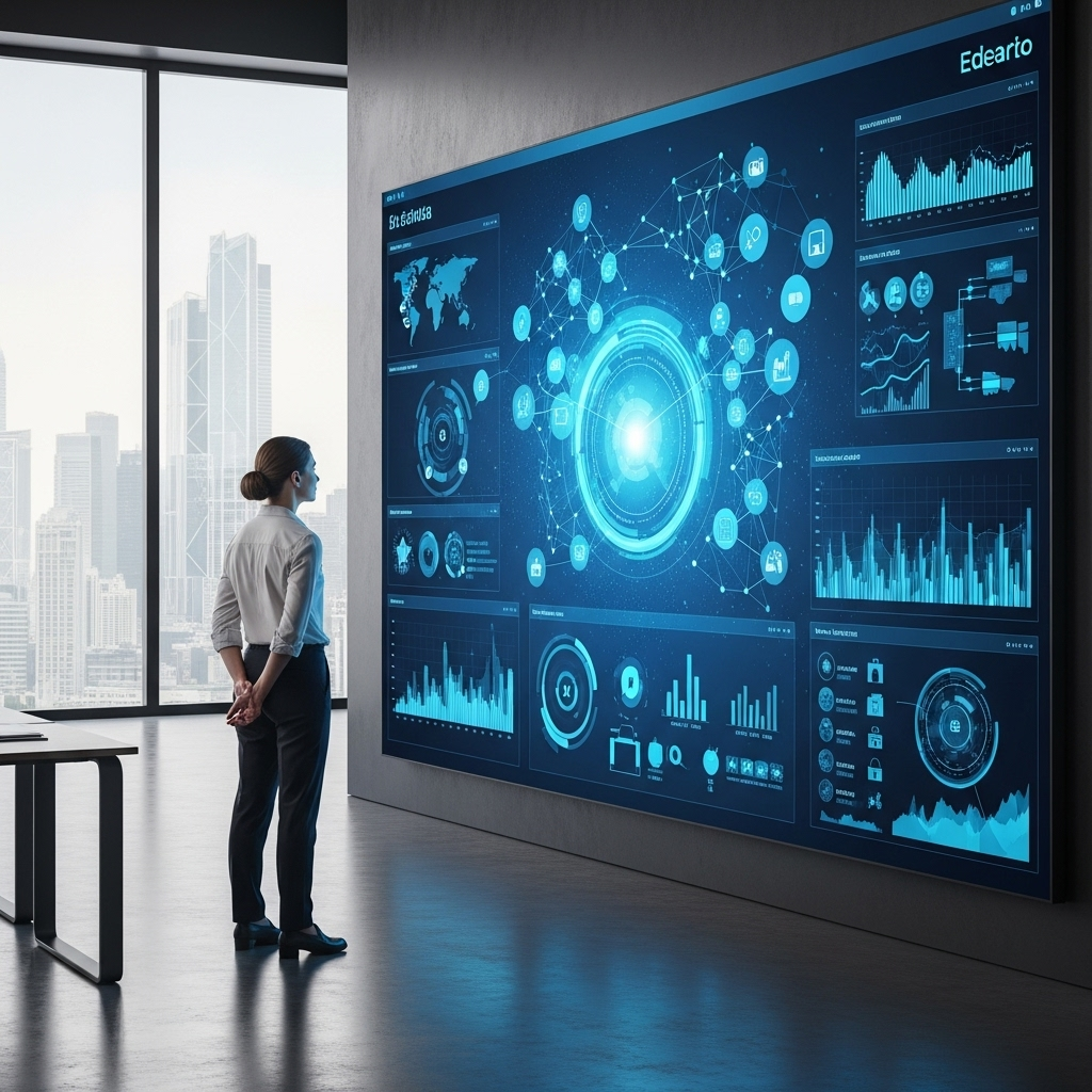 A modern business leader, looking at a complex data visualization screen, with a thoughtful and insightful expression. The background shows subtle futuristic office elements, emphasizing keen observation in a business context. No text on the image. 동찰추호: 작은 것에서 큰 흐름을 꿰뚫어 보는 비결 6가지