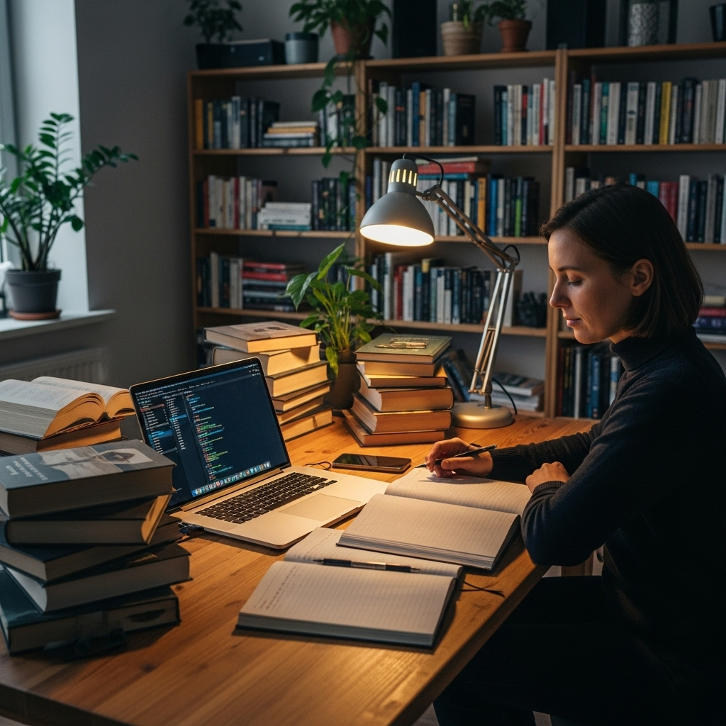 A person sitting at a desk, surrounded by books and a laptop, with a thoughtful expression, perhaps journaling or meditating. The scene emphasizes deep learning, reflection, and quiet contemplation. No text on the image. 동찰추호: 작은 것에서 큰 흐름을 꿰뚫어 보는 비결 6가지