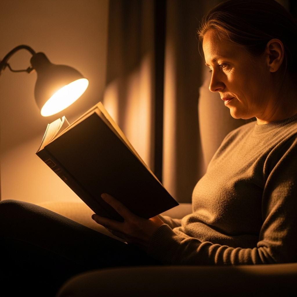 A person absorbed in reading a physical book, surrounded by a gentle, soft glow, symbolizing deep concentration and peace. The background is slightly blurred to emphasize the reader. No distracting elements. Focus on a serene and calming atmosphere. The person is an adult, of ambiguous gender, dressed in simple, comfortable clothes. The book is open in their hands. The setting is indoors, perhaps a cozy corner with warm lighting. 독서삼매: 잃어버린 몰입을 되찾는 7가지 비법