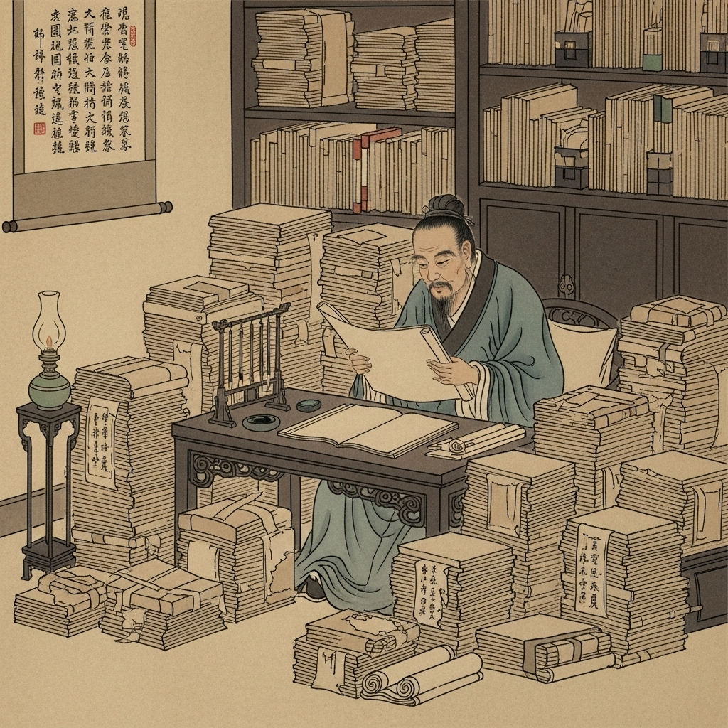 An ancient Chinese scroll depicting a scholar deep in thought while reading, surrounded by stacks of old books. The scholar has a focused, serene expression. The setting suggests an old library or study room, with traditional Chinese furniture. The color palette is muted, emphasizing the age and wisdom. No modern elements. 독서삼매: 잃어버린 몰입을 되찾는 7가지 비법