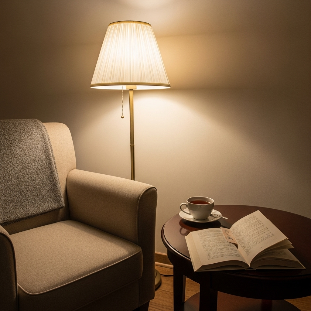 A cozy, minimalist reading nook with soft lighting, a comfortable armchair, and a small side table with a cup of tea and a bookmark. A single, open book is placed on the table, inviting the viewer to read. The overall atmosphere is calm and conducive to concentration. No digital devices are visible. 독서삼매: 잃어버린 몰입을 되찾는 7가지 비법