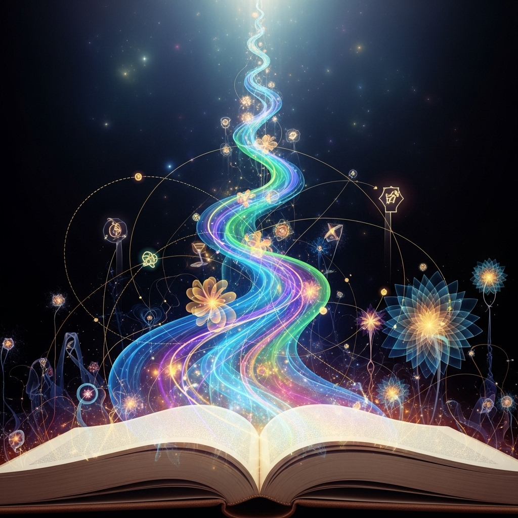 A creative depiction of flowing knowledge and wisdom, represented by glowing lines and abstract shapes emerging from an open book, symbolizing the expansion of mind and insight. The colors are vibrant but not overwhelming, suggesting enlightenment and clarity. No human figures. 독서삼매: 잃어버린 몰입을 되찾는 7가지 비법