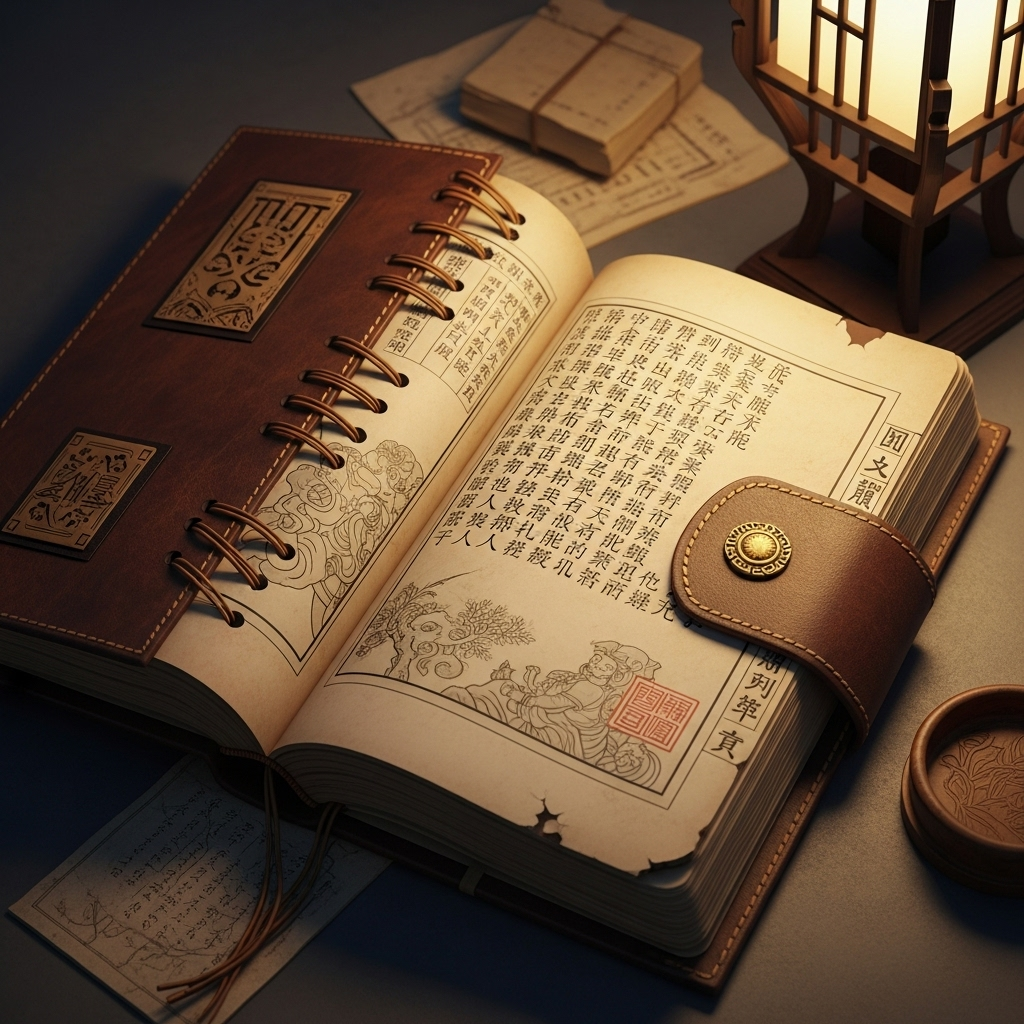 A beautifully designed, old, and worn book with a leather binding, open to reveal ancient Chinese characters. The binding shows signs of being repaired multiple times with strong thread, symbolizing extensive study and perseverance. A soft, warm light illuminates the book, suggesting wisdom and knowledge. 위편삼절: 공자가 3번 꿰맨 책에서 얻는 5가지 지혜