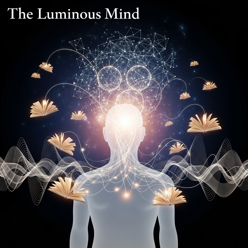 An abstract and elegant illustration representing knowledge, wisdom, and personal growth. It shows a human silhouette with subtle glowing lines connecting to open books, flowing sound waves, and intricate thought patterns, all within a serene, light-filled environment. The overall mood is intellectual and inspiring. 다문다독다상량: 똑똑한 당신을 위한 7가지 지혜 습관