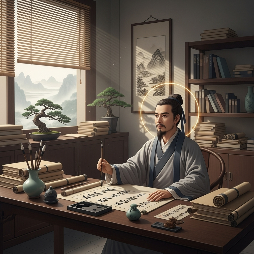 An ancient Chinese scholar gracefully seated at a wooden desk, surrounded by stacks of old scrolls and books. He is holding a brush, looking contemplative, with a subtle glow around his head suggesting deep thought. The setting is a traditional study with bamboo accents, conveying a sense of timeless wisdom and profound learning. 다문다독다상량: 똑똑한 당신을 위한 7가지 지혜 습관