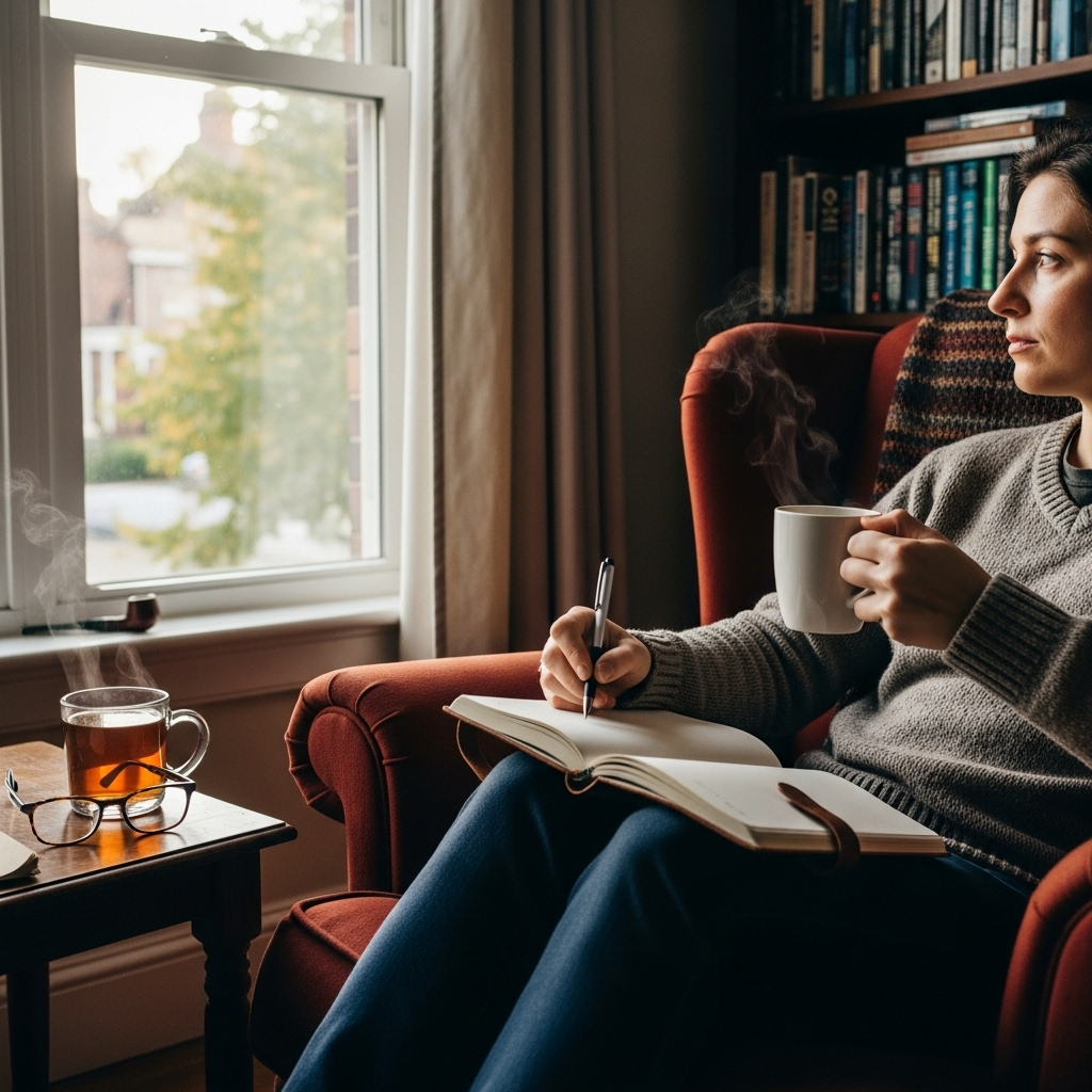 A person sitting in a comfortable armchair by a window, holding a pen and a journal. The room is cozy with a cup of tea on a small table. The person's expression is thoughtful and focused, surrounded by an aura of peaceful contemplation. There are books subtly in the background. 다문다독다상량: 똑똑한 당신을 위한 7가지 지혜 습관
