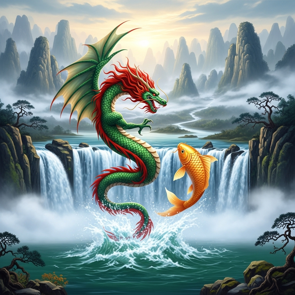 A vibrant, dynamic image of a majestic dragon soaring upwards from a waterfall, with a golden carp leaping towards it. The background is an ancient, serene Chinese landscape with misty mountains and flowing rivers. No text on the image. 꿈을 향한 등용문, 당신의 성공 스토리 5단계