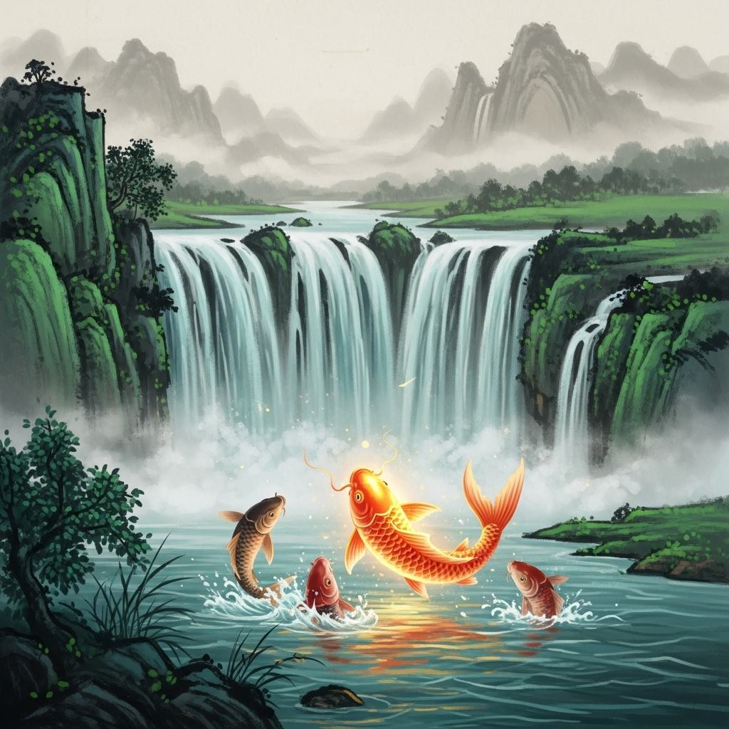 An ancient Chinese painting style illustration showing several carp fish struggling to swim upstream against a powerful waterfall. One carp, glowing faintly, is about to leap over the waterfall, symbolizing the 'Dragon Gate'. The setting is a mystical river with lush green banks and distant mountains. No text on the image. 꿈을 향한 등용문, 당신의 성공 스토리 5단계