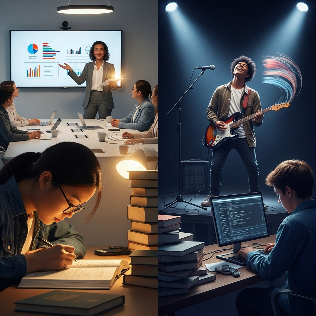 A modern, diverse group of people, each focused on different tasks representing various paths to success: one person studying with books, another presenting a business idea in a meeting, a musician playing an instrument on stage, and a coder working on a laptop. They all have a determined and hopeful expression. The setting is bright and dynamic, illustrating modern "Dragon Gates". No text on the image. 꿈을 향한 등용문, 당신의 성공 스토리 5단계