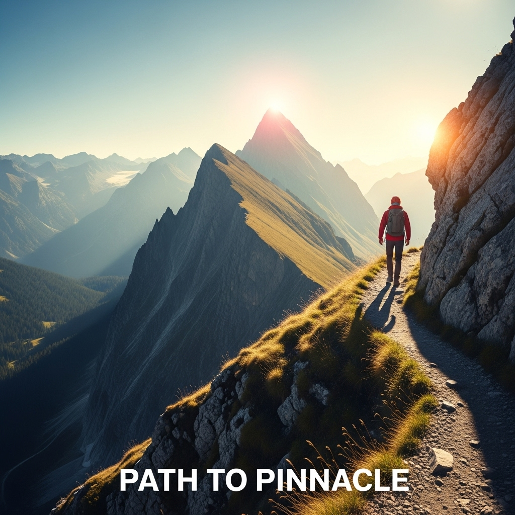 A person is shown climbing a steep, winding path towards a bright light at the top of a mountain. The path is challenging but the person shows determination and resilience. The surrounding landscape is inspiring and expansive, symbolizing a journey towards success. No text on the image. 꿈을 향한 등용문, 당신의 성공 스토리 5단계