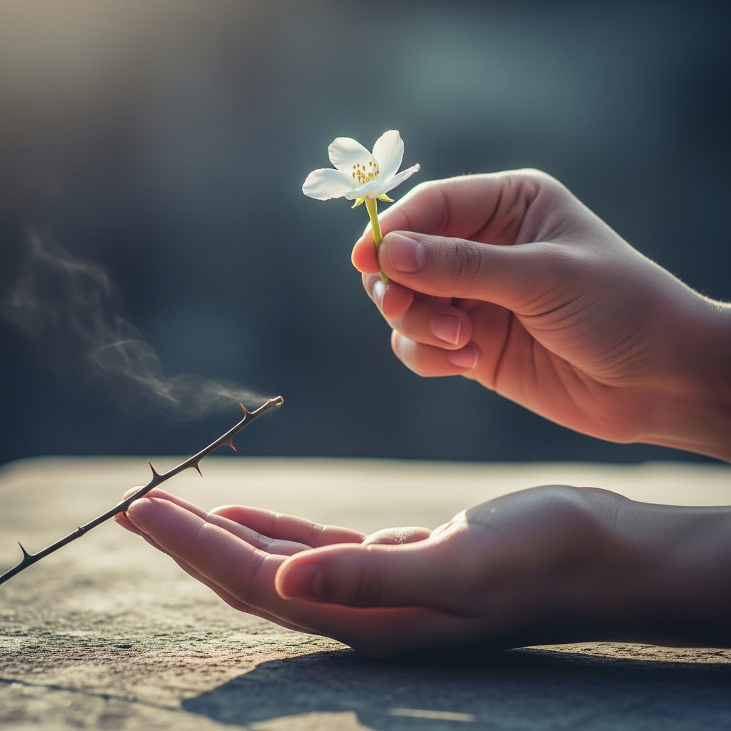 A serene scene of two hands, one gently offering a small, blooming flower to the other, symbolizing 'grace' or '恩', while in the background, a faint shadow of a thorn appears, subtly hinting at 'resentment' or '怨'. The overall atmosphere is thoughtful and balanced, without any text. 잊지 말아야 할 인간관계의 법칙: 은원수보(恩怨相報)와 3가지 교훈