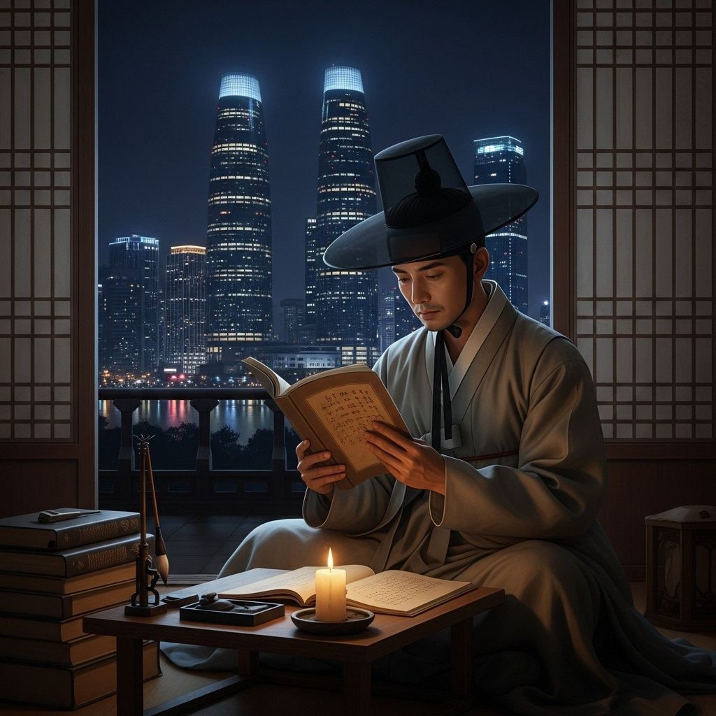 A stylized traditional Korean scholar reading by candlelight, with a modern city skyline subtly visible in the background, symbolizing the bridge between tradition and modernity. Artistic, serene, thoughtful. 입신양명: 5가지 지혜로 삶을 빛내는 현대인의 성공 전략