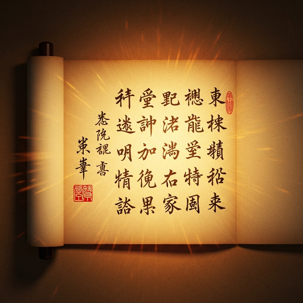 An ancient scroll with Chinese characters, gently unfurling, with a subtle golden glow, suggesting historical wisdom. 입신양명: 5가지 지혜로 삶을 빛내는 현대인의 성공 전략