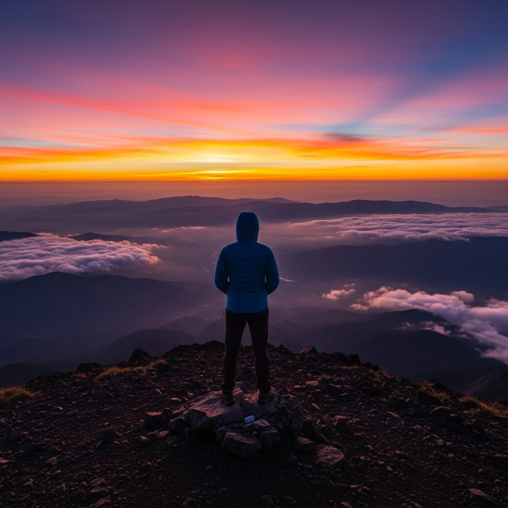A serene mountain top view at sunrise, with a lone figure looking out, symbolizing achievement, reflection, and responsibility. Majestic, calm. 입신양명: 5가지 지혜로 삶을 빛내는 현대인의 성공 전략