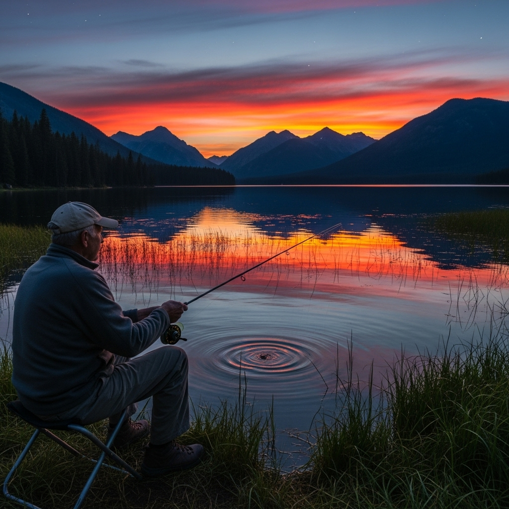A wise fisherman sitting peacefully by a calm lake at sunset, holding a fishing rod, with serene mountains in the background and gentle ripples on the water surface 어부지리 뜻과 교훈 5가지 현명한 삶의 지혜