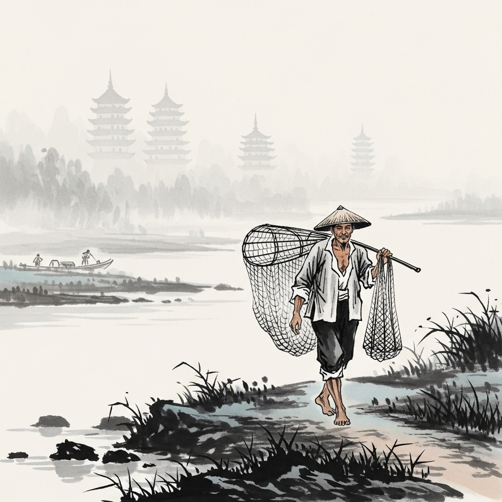 Ancient Chinese fisherman walking along a riverbank carrying a net, with traditional pagodas in the misty background, painted in classical ink wash style 어부지리 뜻과 교훈 5가지 현명한 삶의 지혜