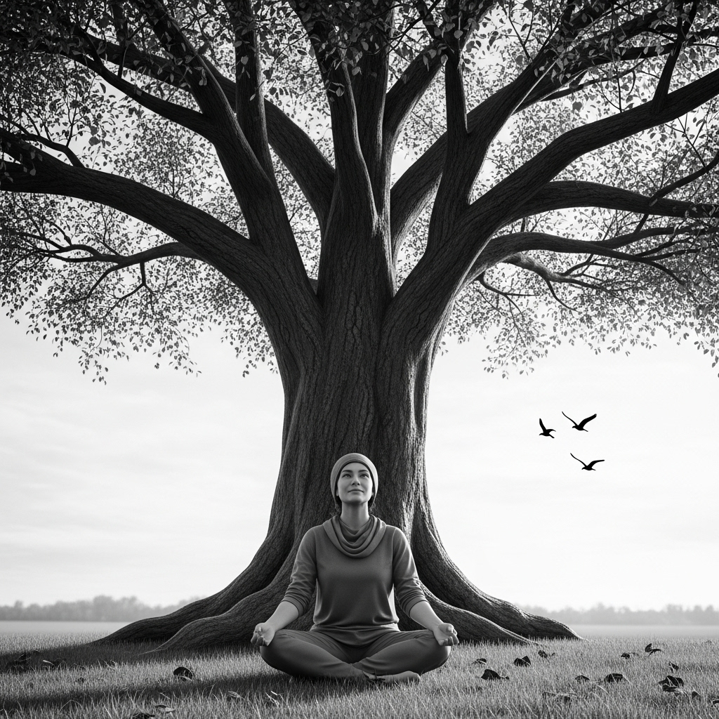 A peaceful meditation scene with a person sitting under a large tree, observing two birds in the distance while maintaining a calm and wise expression 어부지리 뜻과 교훈 5가지 현명한 삶의 지혜