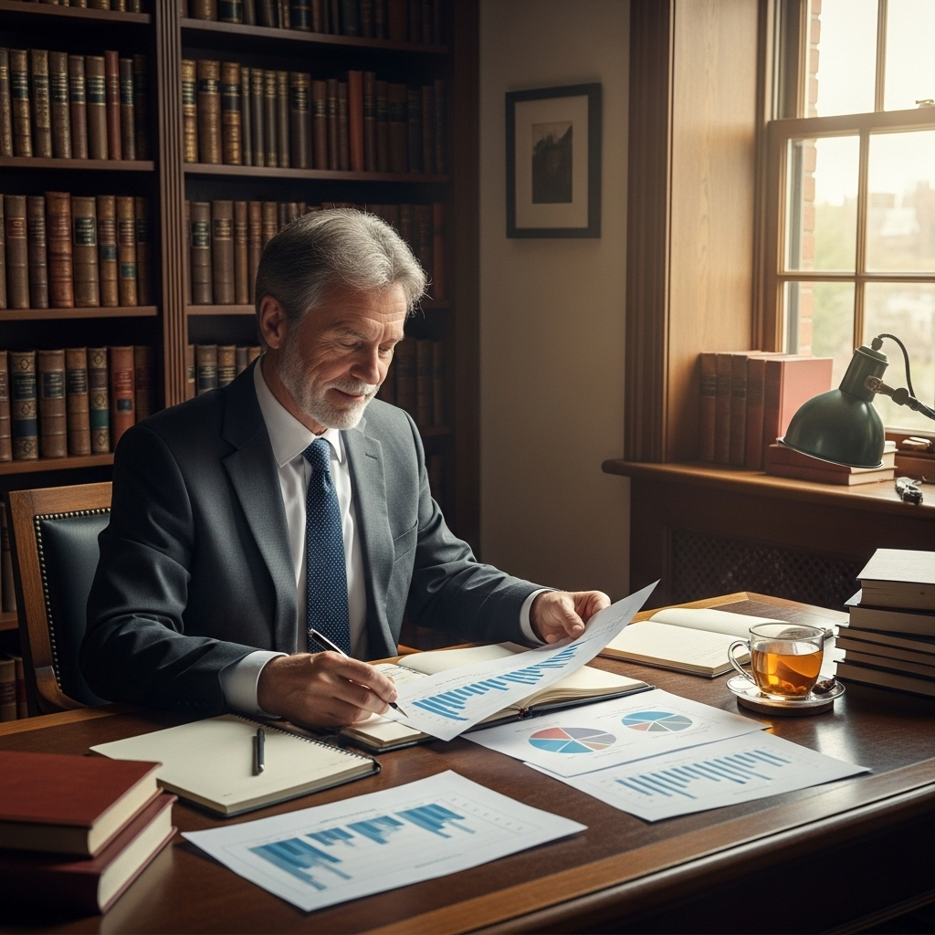 A wise business person analyzing charts and graphs on a desk, with a peaceful expression, surrounded by books about strategy and wisdom 어부지리 뜻과 교훈 5가지 현명한 삶의 지혜
