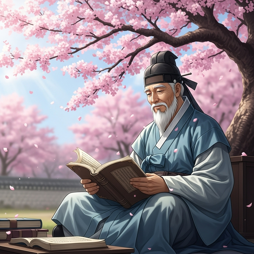 Traditional Korean scholar sitting under a cherry blossom tree, reading ancient books with grateful expression, warm sunlight filtering through the branches, peaceful atmosphere 각골난망 뜻과 유래 완벽 해설 5가지 핵심 포인트