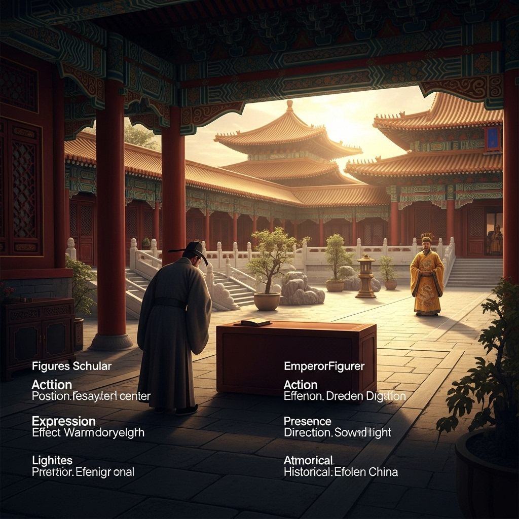 Ancient Chinese palace courtyard with traditional architecture, scholar bowing respectfully to an emperor figure in the distance, golden hour lighting, historical atmosphere without text 각골난망 뜻과 유래 완벽 해설 5가지 핵심 포인트