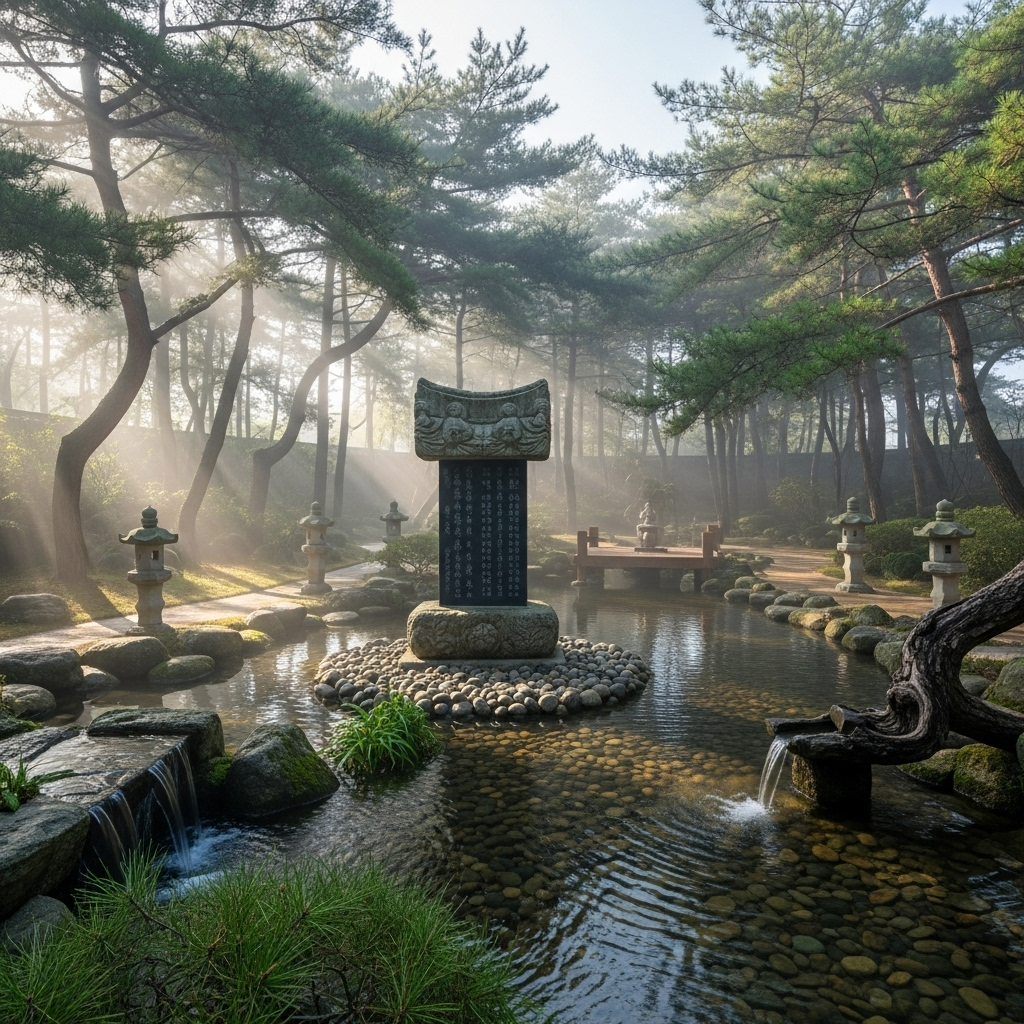 Beautiful Korean traditional garden with stone monument, flowing water, peaceful meditation space surrounded by pine trees, serene morning mist 각골난망 뜻과 유래 완벽 해설 5가지 핵심 포인트