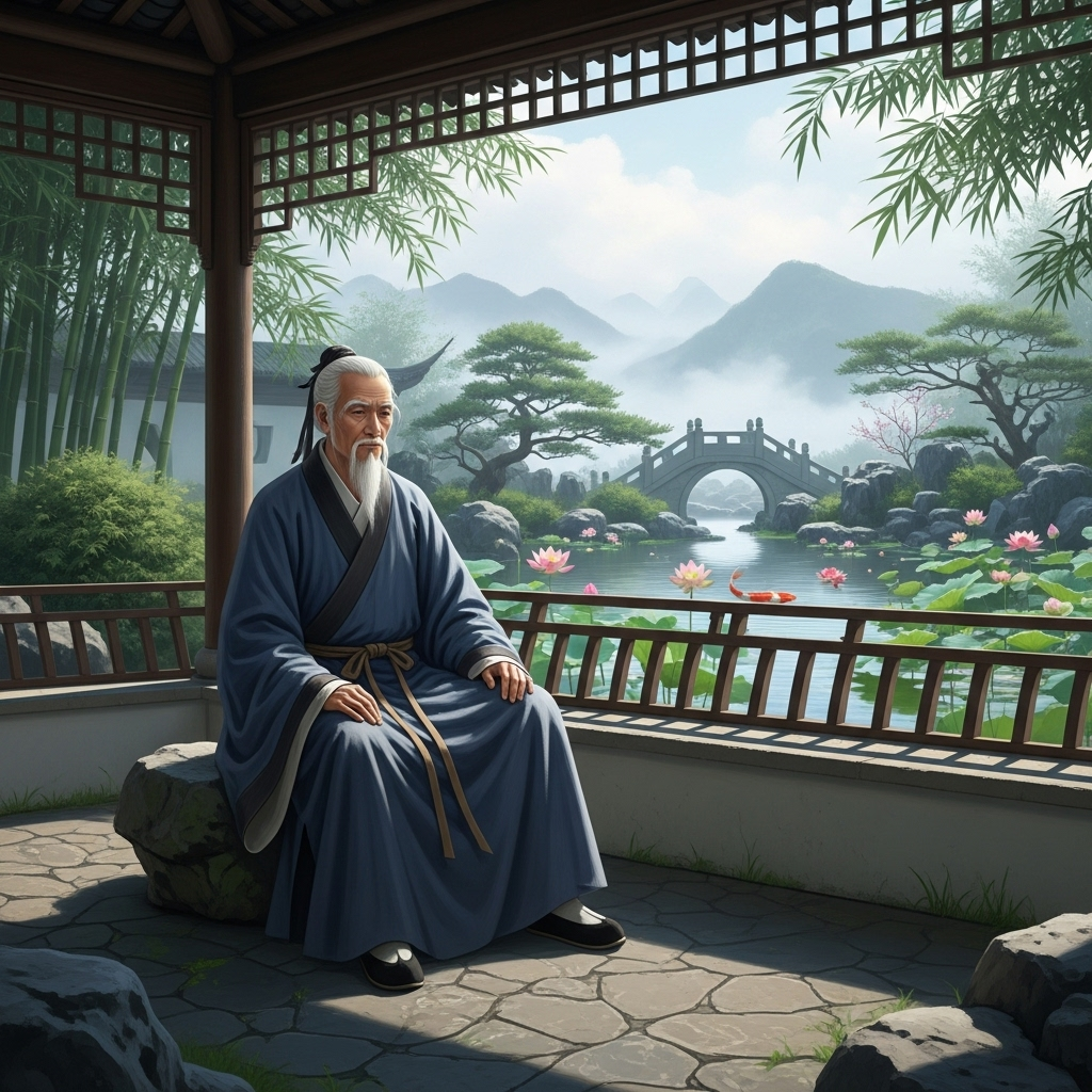 Ancient Chinese philosopher contemplating under a traditional pavilion with flowing water and bamboo in the background, peaceful oriental garden setting 무신불립의 뜻과 교훈, 신뢰가 만드는 놀라운 변화 7가지