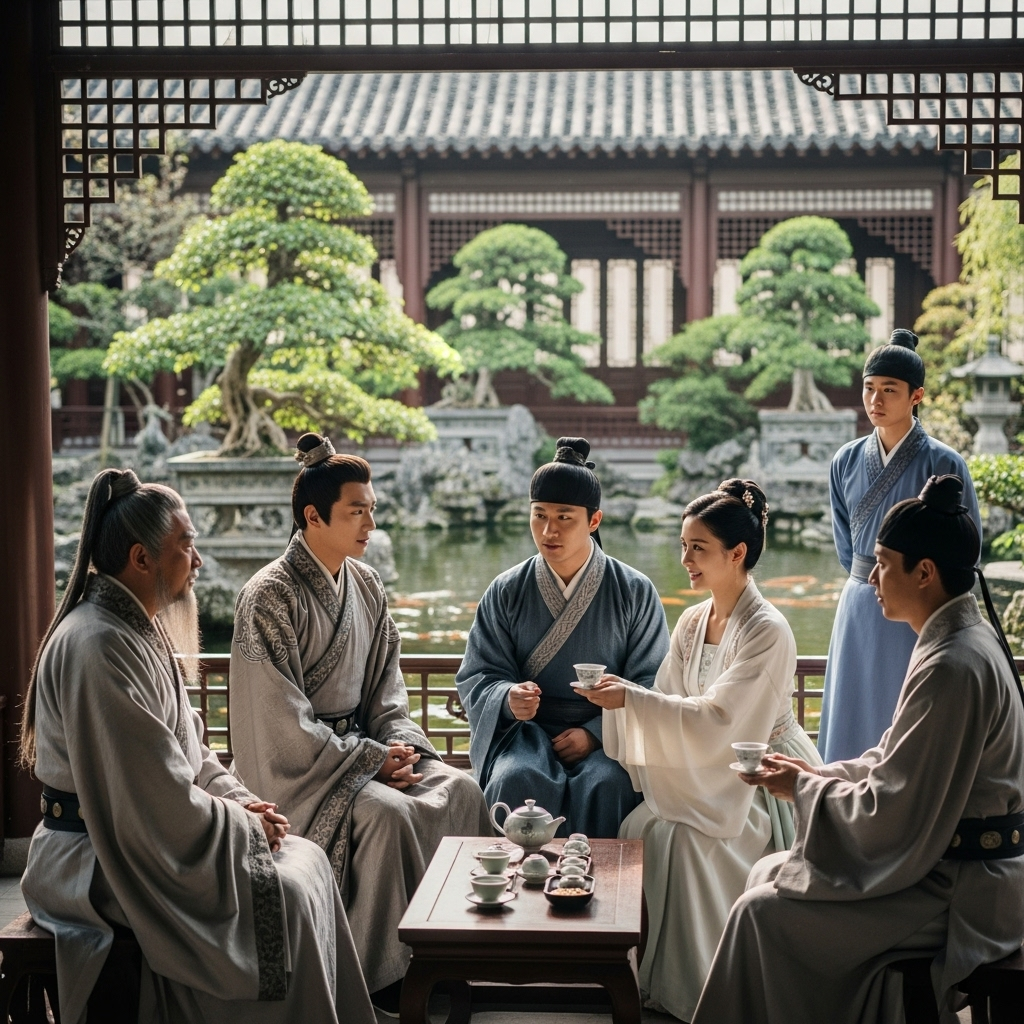 Traditional Chinese courtyard with people in ancient clothing having respectful conversations, showing trust and harmony in relationships 무신불립의 뜻과 교훈, 신뢰가 만드는 놀라운 변화 7가지