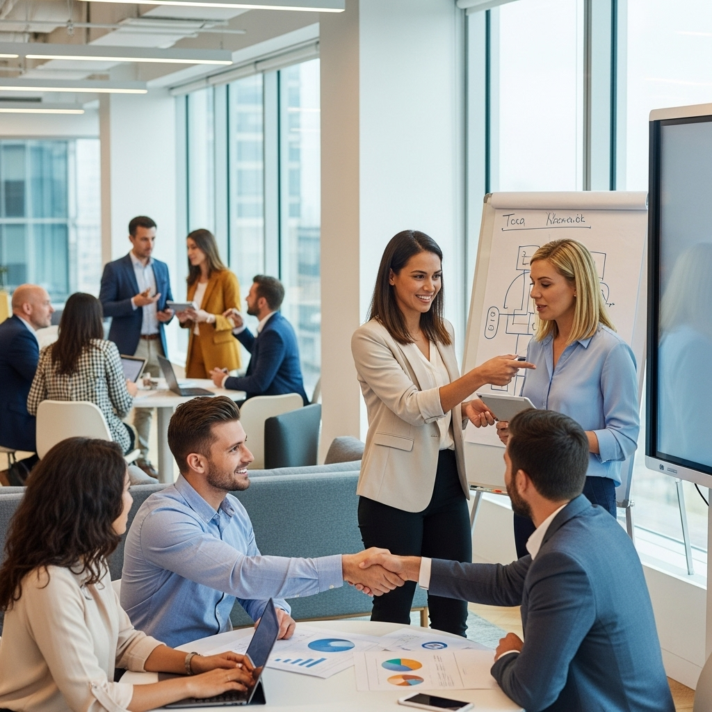 Modern office setting with diverse professionals shaking hands and building trust through genuine collaboration and communication 무신불립의 뜻과 교훈, 신뢰가 만드는 놀라운 변화 7가지