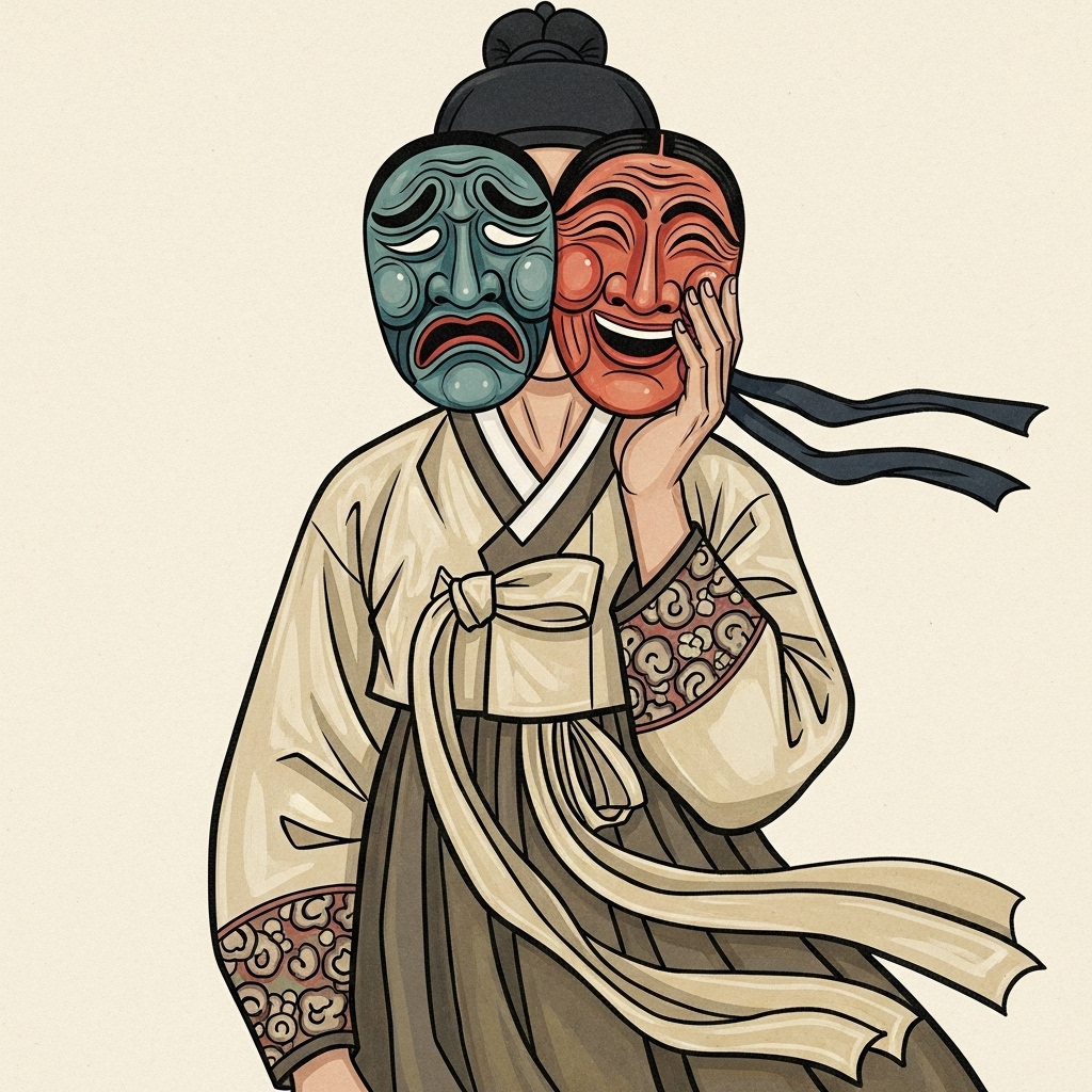 A person wearing two different masks, one showing a smiling face and another showing a frowning face, representing the concept of having different outward and inward appearances in traditional Korean artistic style 표리부동 뜻과 의미 3가지 숨겨진 교훈