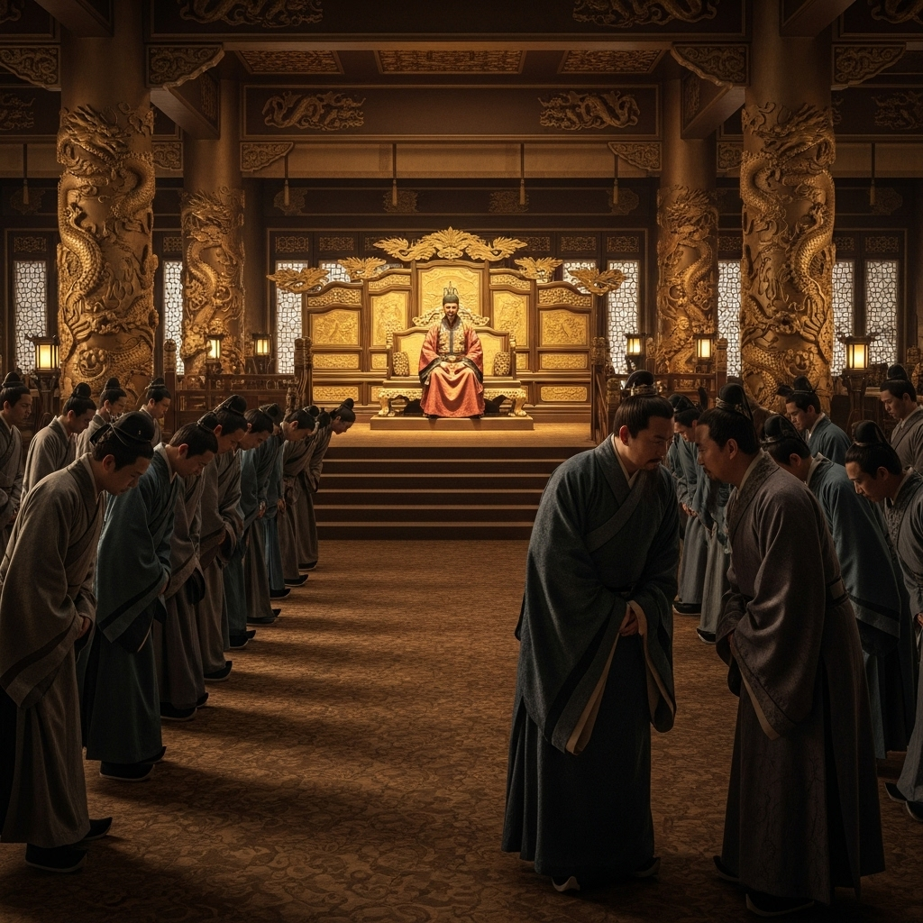 Ancient Chinese court scene showing officials bowing respectfully in front while whispering behind, depicting historical context of duplicitous behavior 표리부동 뜻과 의미 3가지 숨겨진 교훈