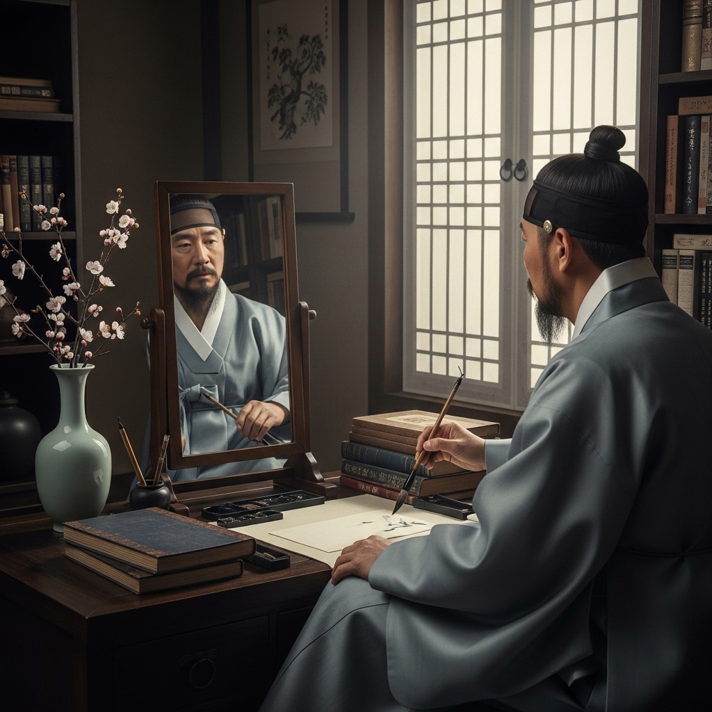 Traditional Korean scholar contemplating while looking at a mirror, symbolizing self-reflection and the importance of aligning one's inner and outer self 표리부동 뜻과 의미 3가지 숨겨진 교훈