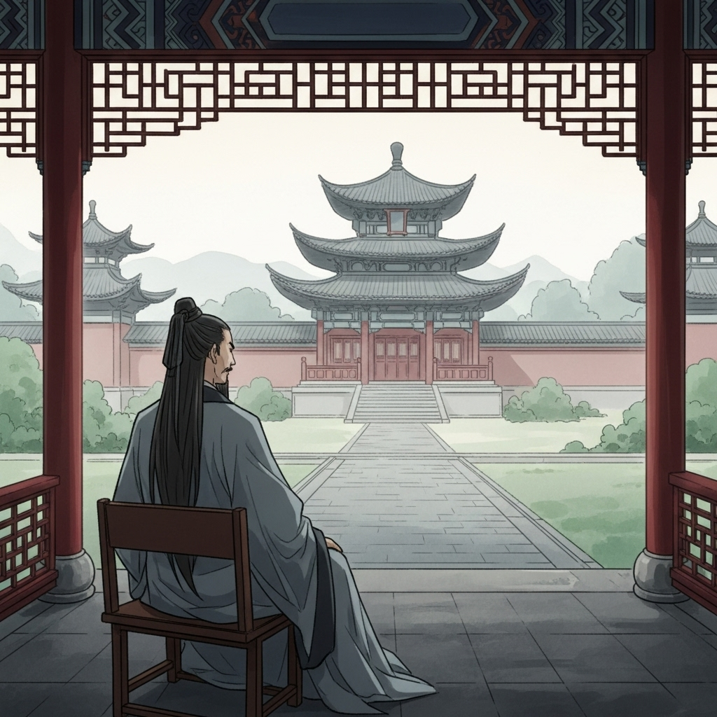 A traditional Chinese scholar sitting alone in an empty pavilion, looking arrogant and dismissive, with no other people around, ancient Chinese architecture in the background, watercolor painting style 안하무인 뜻과 의미 완벽 정리, 눈에 띄지 않는 교훈