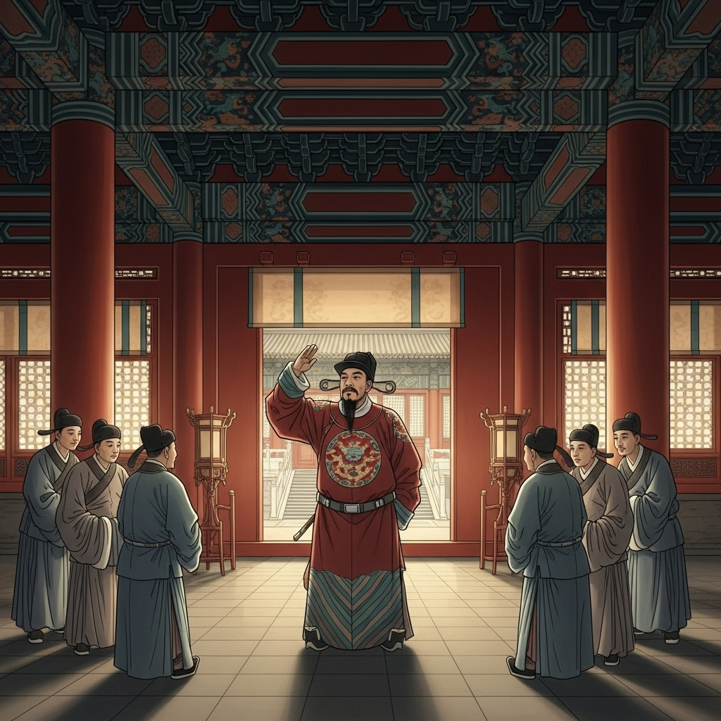 Ancient Chinese palace scene with a proud official in traditional robes dismissing other courtiers, traditional Chinese painting style, showing arrogance and superiority complex 안하무인 뜻과 의미 완벽 정리, 눈에 띄지 않는 교훈