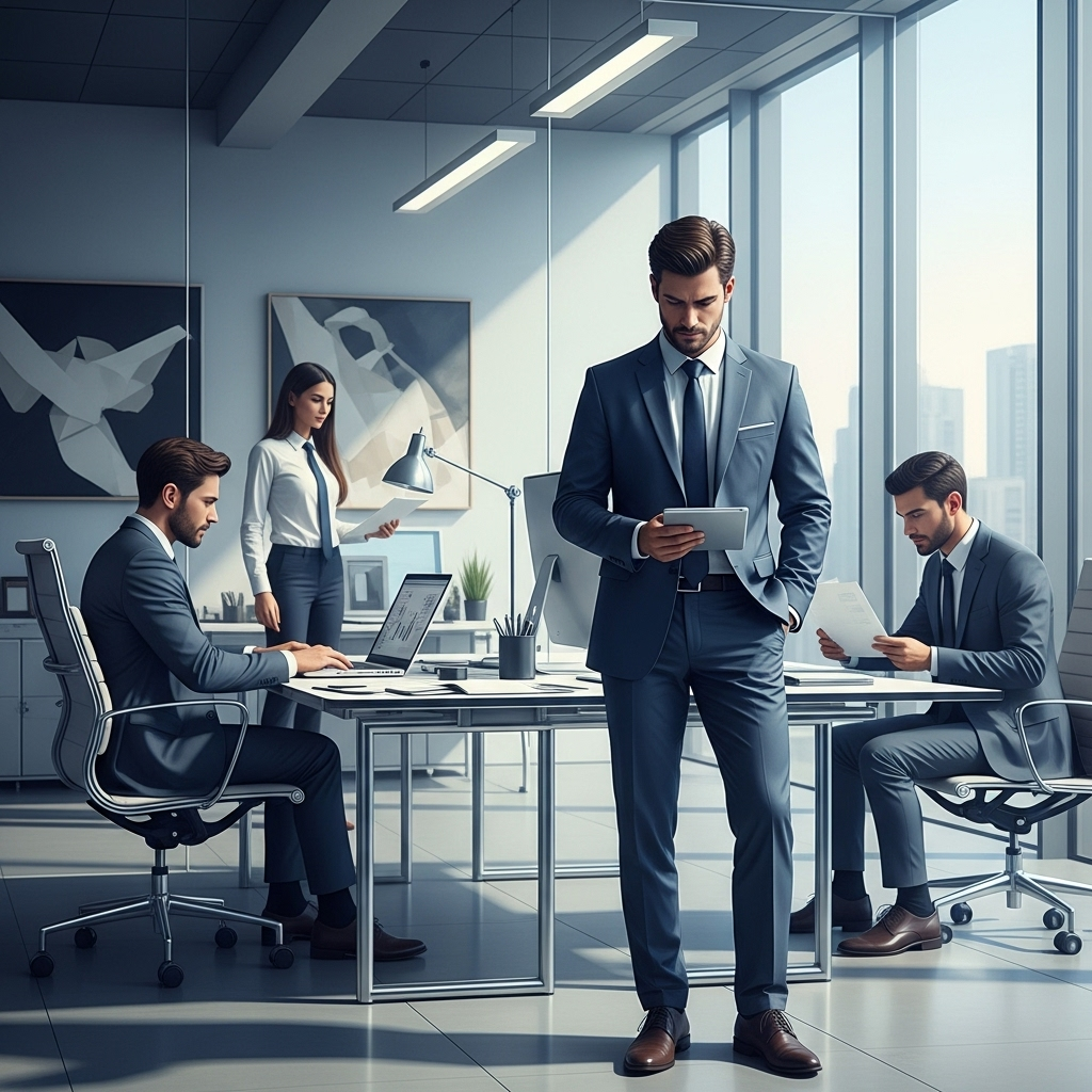 Modern office setting showing a businessman in a suit looking down dismissively at other employees, contemporary business environment, realistic illustration style 안하무인 뜻과 의미 완벽 정리, 눈에 띄지 않는 교훈