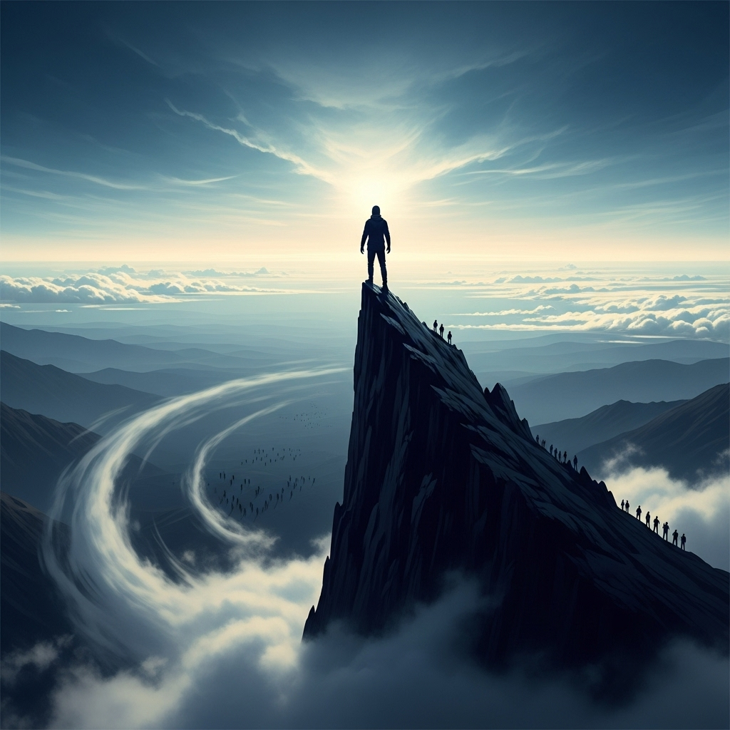 A person standing alone on a mountain peak looking down at small figures below, symbolizing isolation due to arrogance, dramatic landscape with clouds, artistic illustration 안하무인 뜻과 의미 완벽 정리, 눈에 띄지 않는 교훈