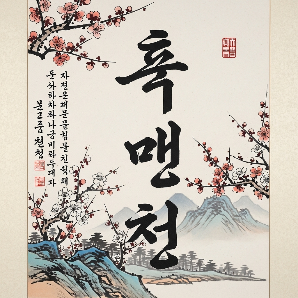 A traditional Korean calligraphy scroll with beautiful characters written in black ink, surrounded by plum blossoms and peaceful mountain landscape in soft watercolor style 다행다복이란? 행복의 의미를 담은 사자성어 5가지 이야기