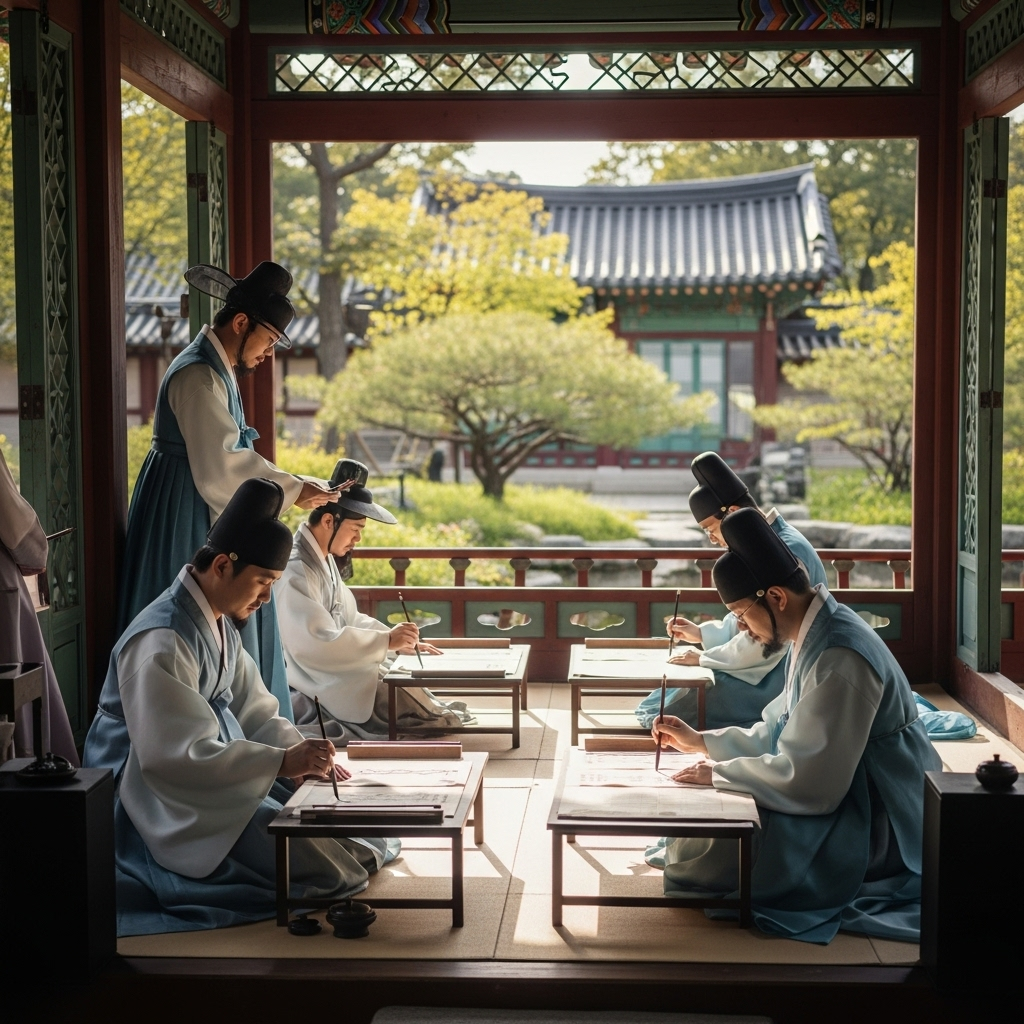 Ancient Korean scholars in traditional hanbok sitting in a beautiful garden pavilion, writing calligraphy with warm sunlight filtering through traditional architecture 다행다복이란? 행복의 의미를 담은 사자성어 5가지 이야기