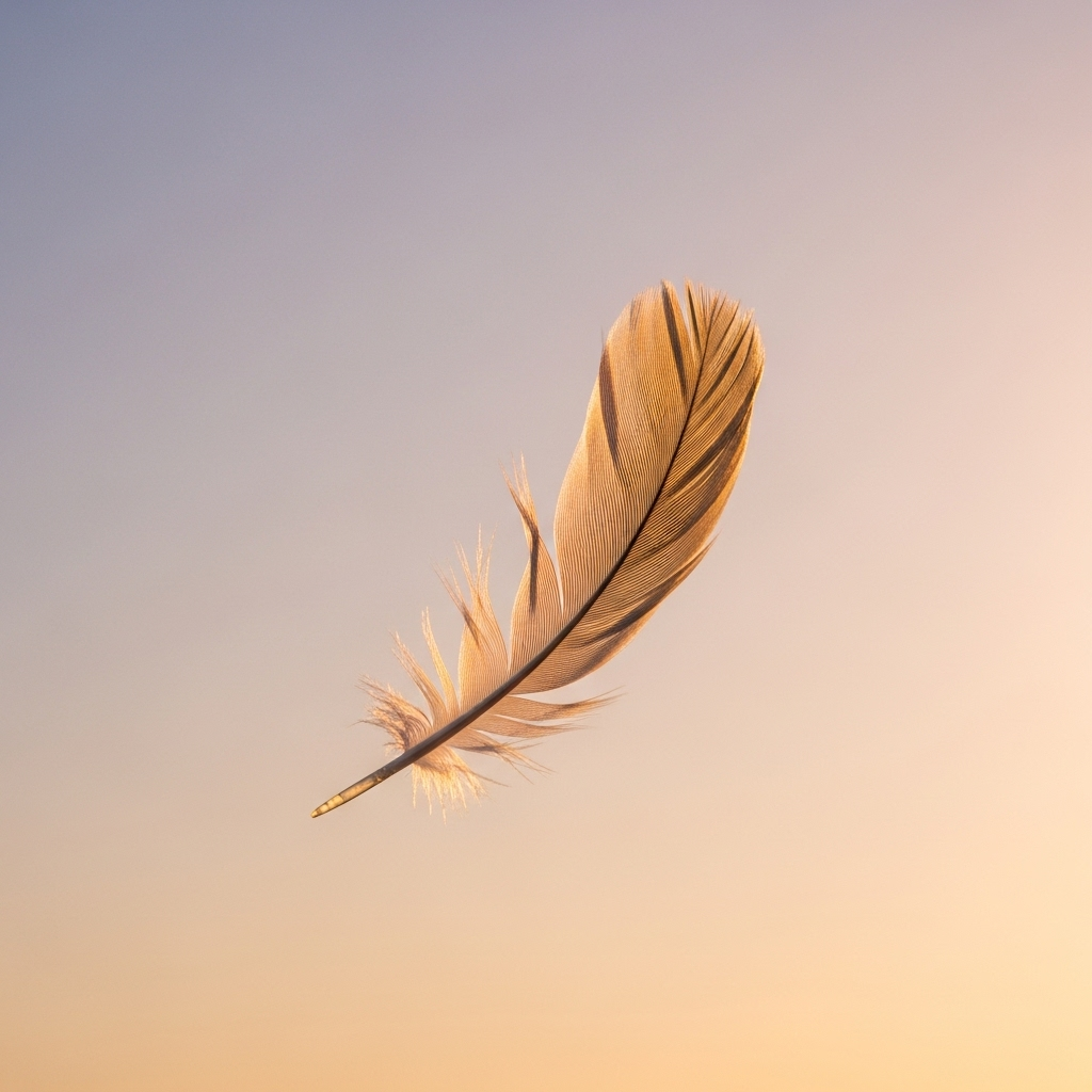A single, light feather gently floating down from the sky, contrasting with a calm, serene background. The feather should be the main focus, symbolizing lightness and fleetingness. Soft, warm lighting. 복경호우: 깃털처럼 가벼운 복, 5가지 깨달음