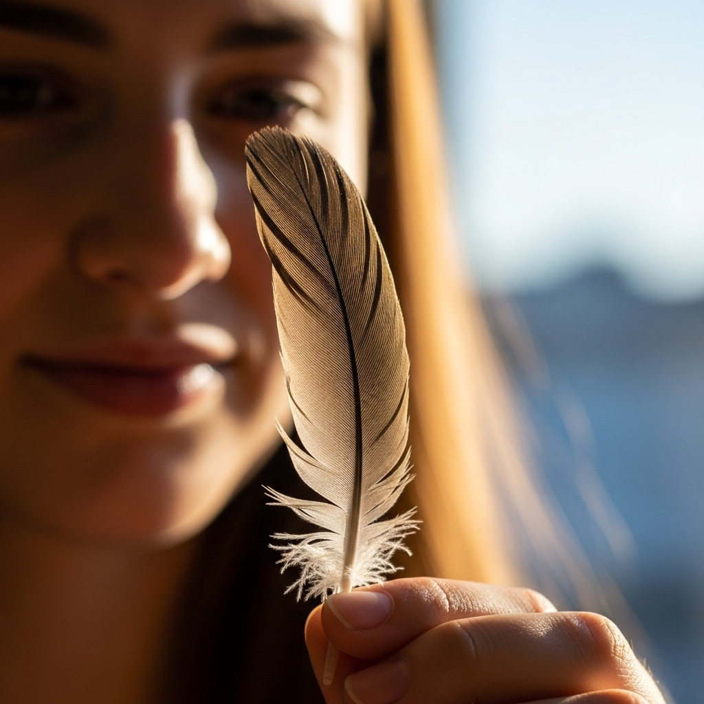A person carefully holding a delicate feather in their open palm, looking at it with a thoughtful and appreciative expression. The background is soft and out of focus, emphasizing the feather. 복경호우: 깃털처럼 가벼운 복, 5가지 깨달음